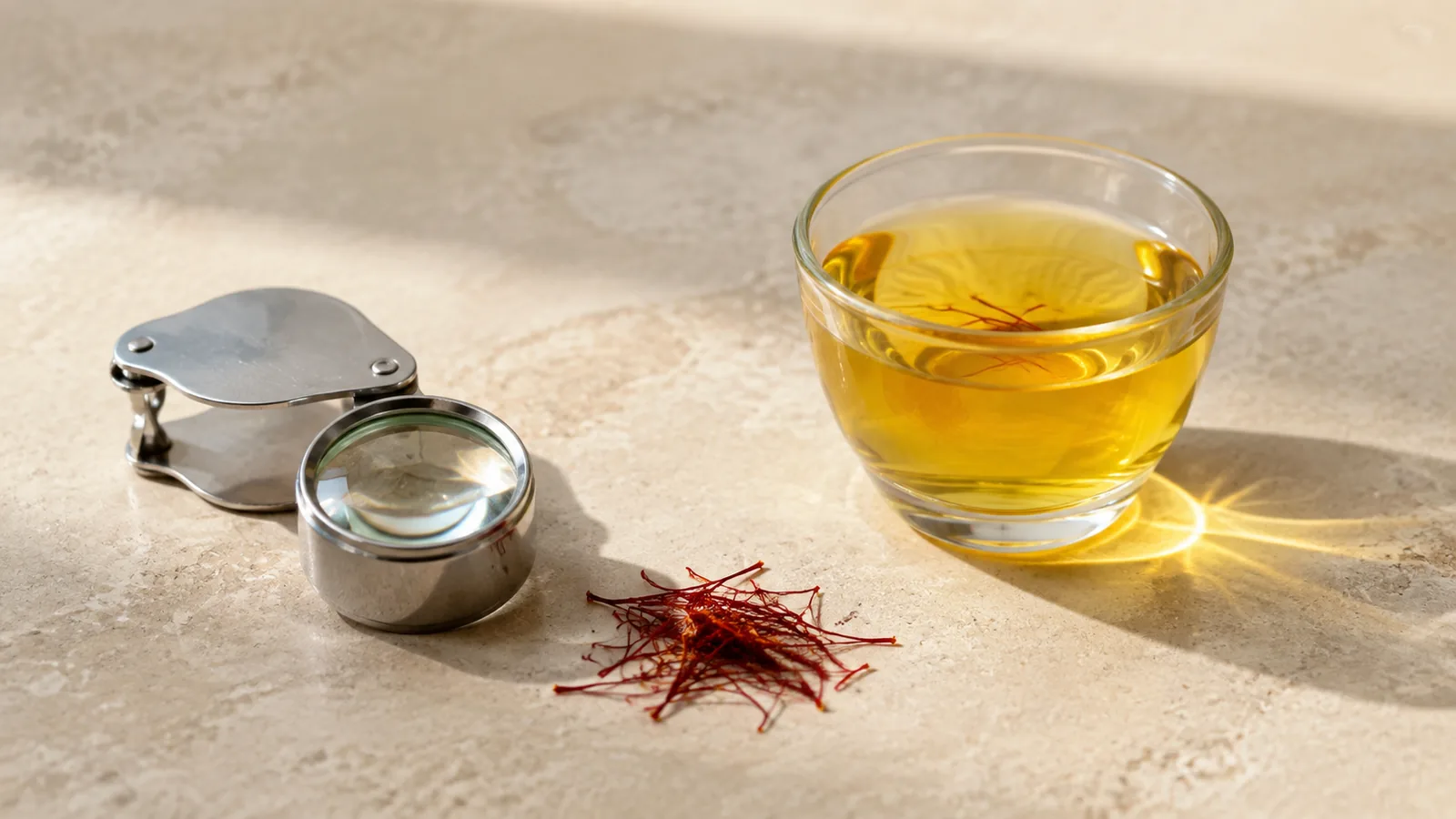 Saffron threads inspected with a magnifying loupe beside a clear golden saffron infusion