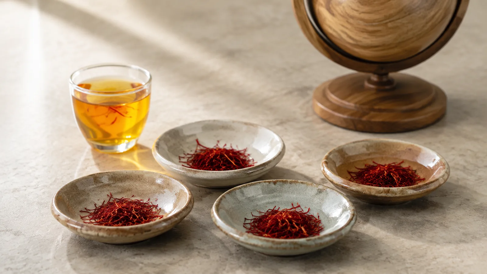 Small dishes of saffron threads from established growing regions arranged for quality comparison