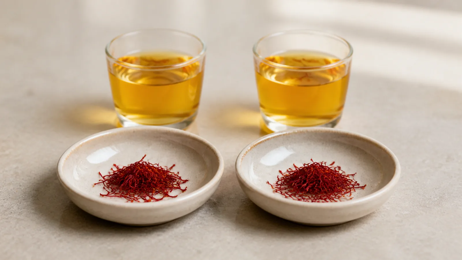 Equal samples of Persian and Spanish saffron threads beside two golden infusions