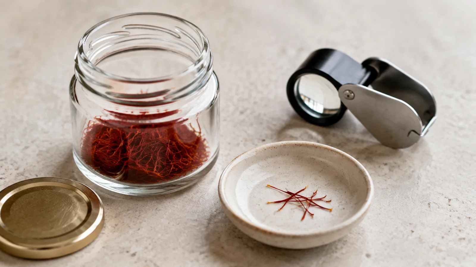 Saffron threads in a clear jar inspected beside a magnifying loupe before purchase