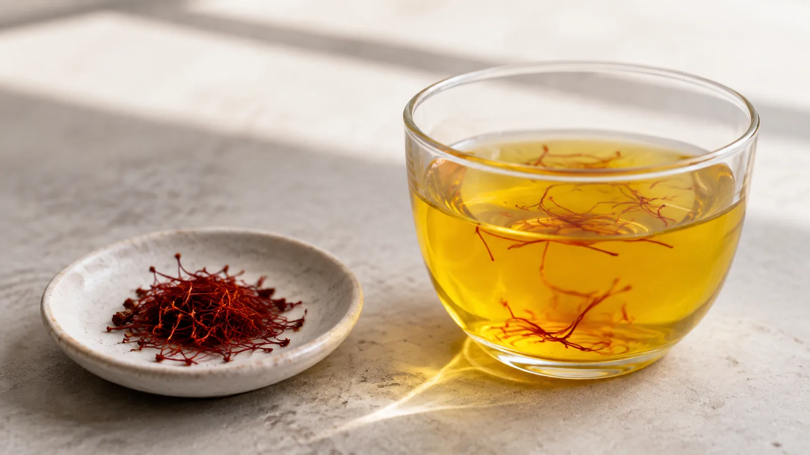 Deep-red saffron threads beside the transparent golden-yellow infusion they produce