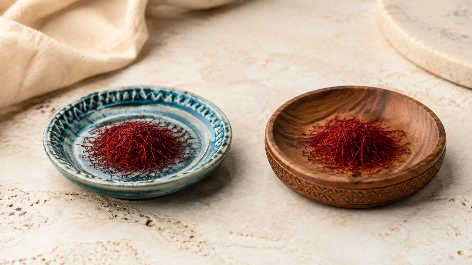 Two dishes of deep-red saffron threads arranged side by side for an origin comparison