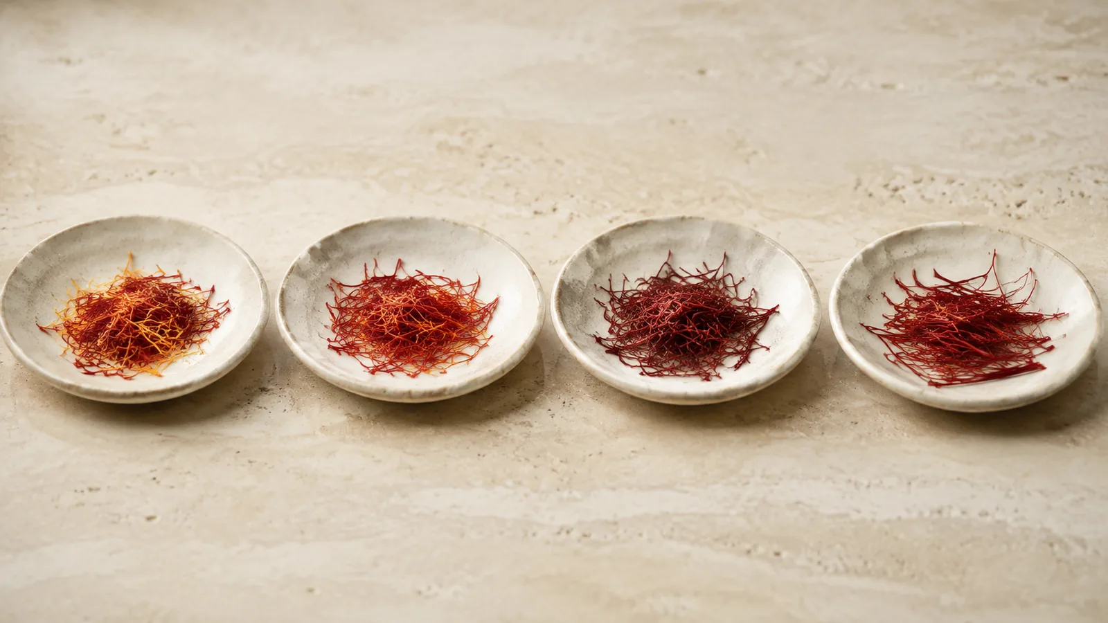 Four saffron thread selections arranged separately from style-rich to all-red whole filaments
