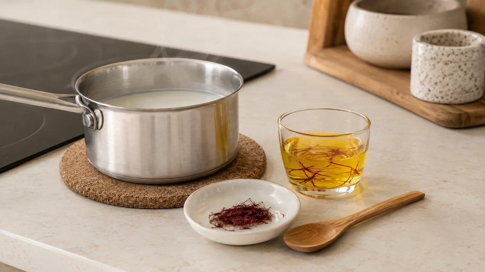 Warm milk beside a golden saffron infusion and a small pinch of red saffron threads