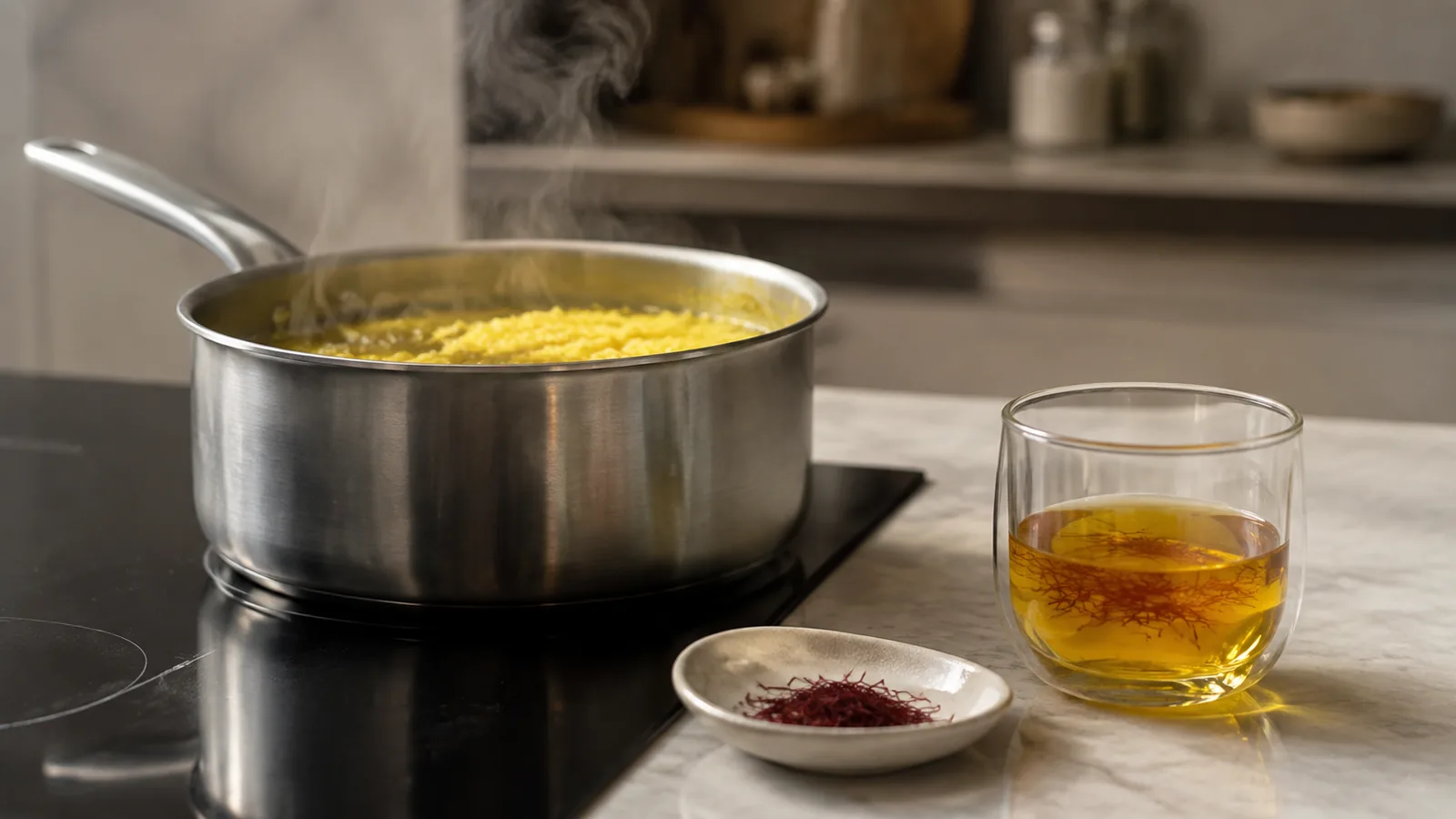 Warm saffron infusion beside a gently steaming pan and a small dish of red saffron threads