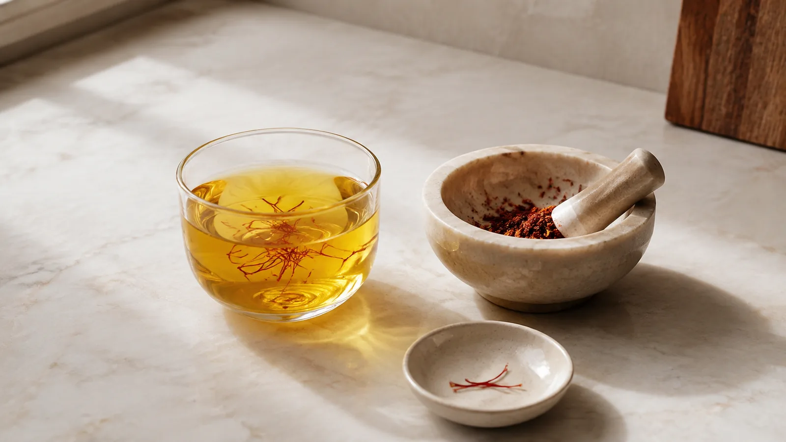 Golden saffron water beside lightly crushed red saffron threads in a small mortar