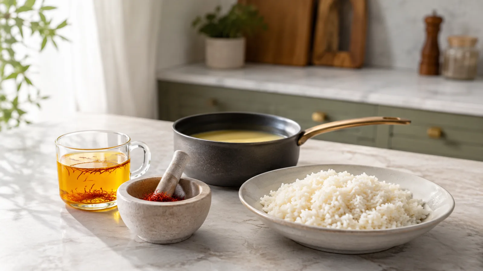 Pure saffron threads, a golden infusion, rice and a saucepan arranged for cooking