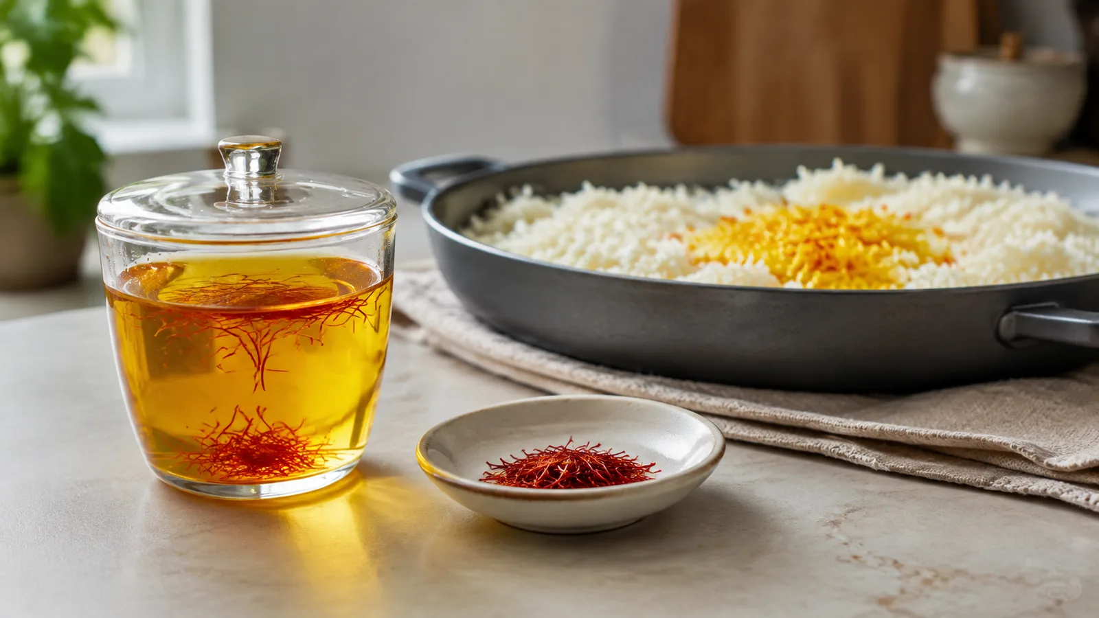Warm saffron infusion beside a moist rice pan and a small dish of dry red threads