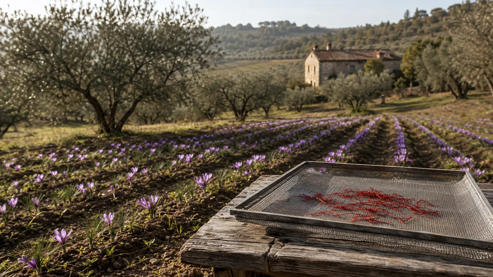 Purple saffron crocuses on an Italian hillside beside a small tray of dried red stigmas