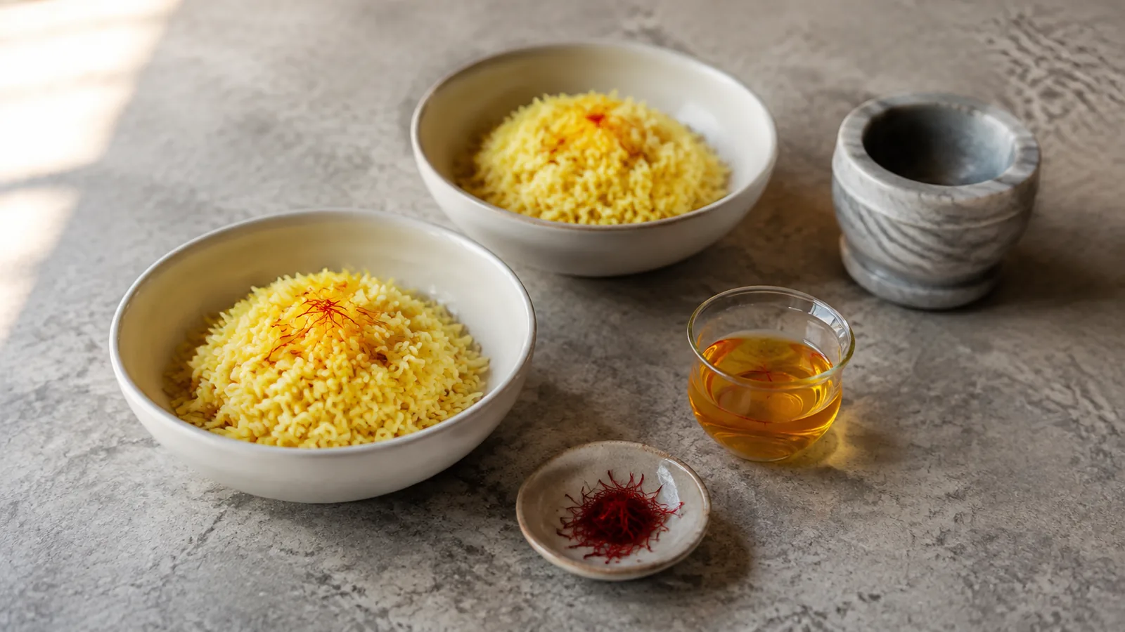 Two bowls of rice beside a small saffron infusion, threads and a mortar for measuring two portions