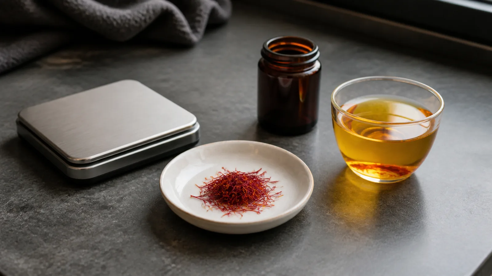 A measured quantity of saffron threads beside a precision balance, storage jar and golden infusion