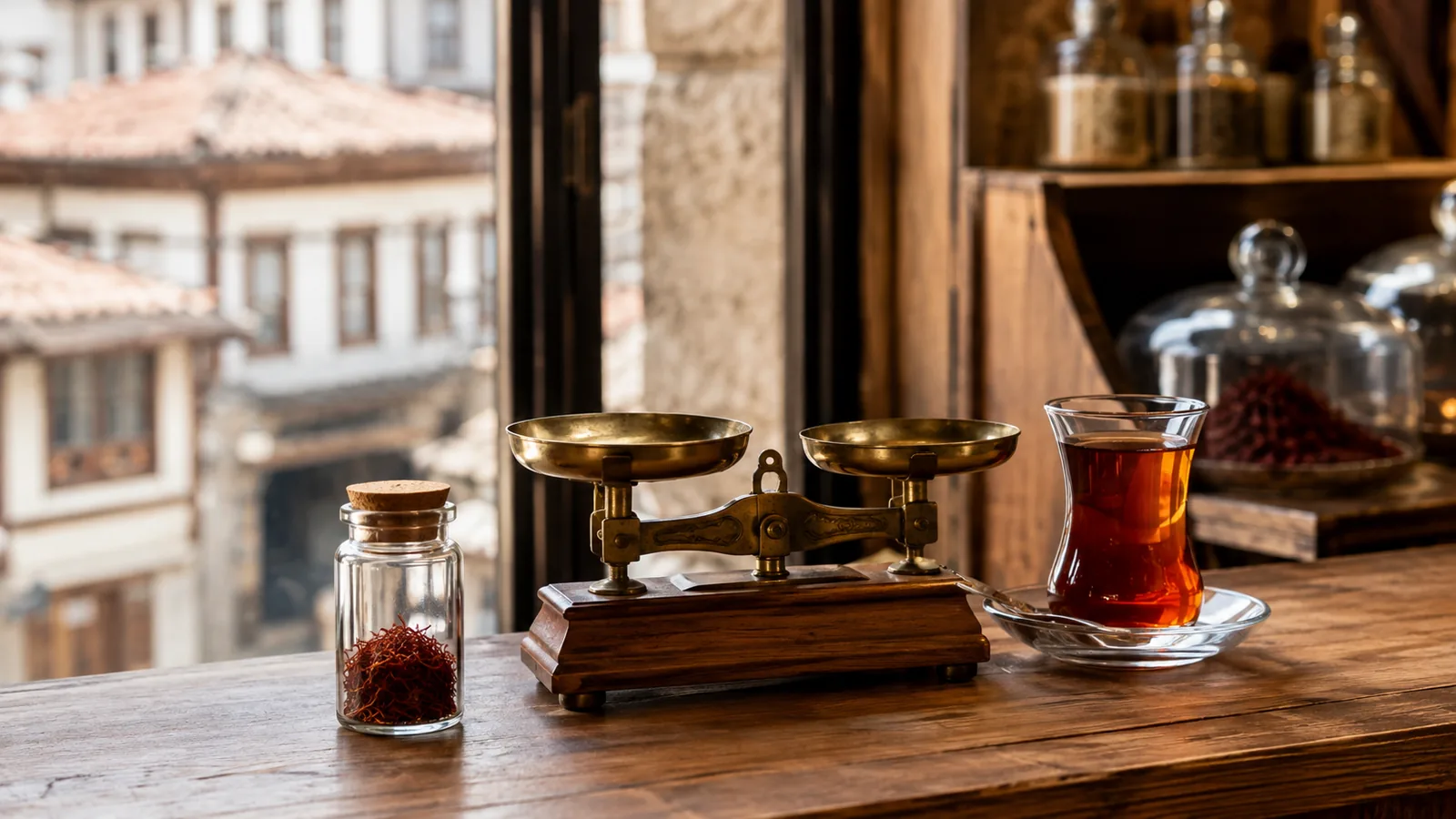 A small vial of saffron beside a brass balance and Turkish tea on a Safranbolu shop counter