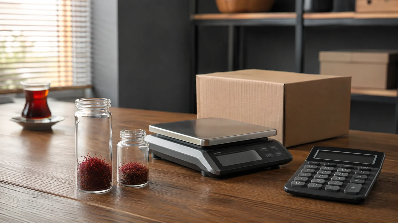 Two saffron vials beside a balance, parcel and calculator for comparing retail cost in Turkey