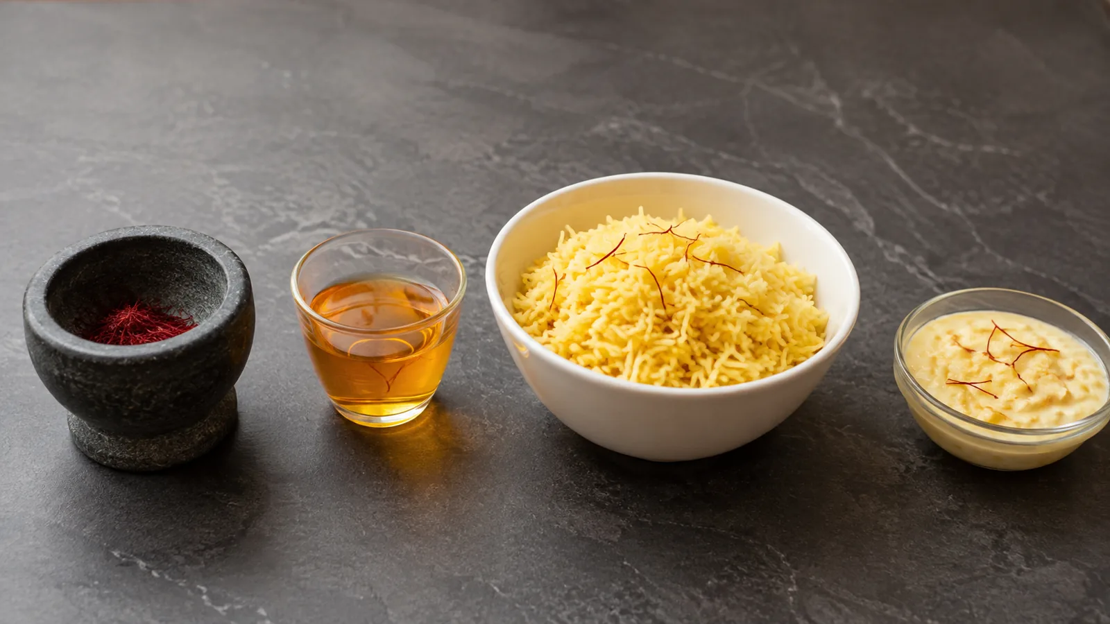 Saffron threads, a golden infusion, rice and milk dessert arranged for everyday culinary use