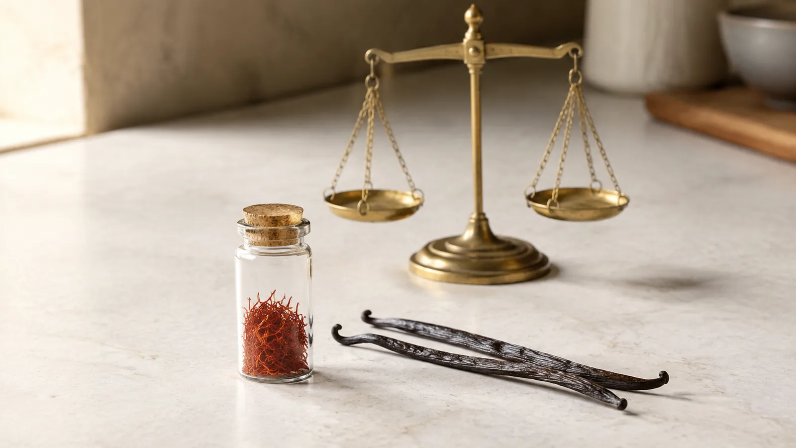 Saffron threads and cured vanilla pods arranged for a price comparison