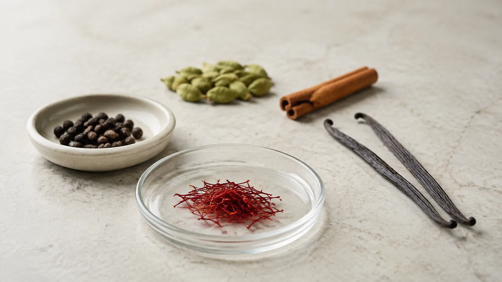 Saffron, pepper, cardamom, cinnamon and vanilla arranged as prized culinary spices