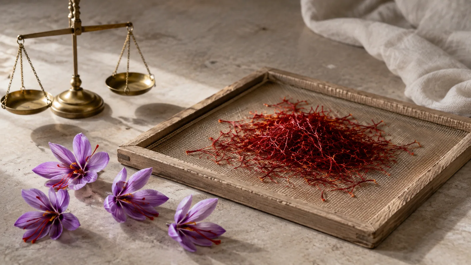 Saffron threads drying beside crocus flowers and a small scale on a clean work surface