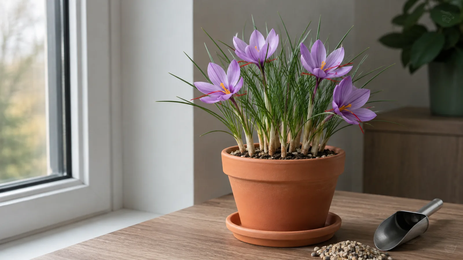 Saffron crocus growing in a draining pot beside a bright indoor window
