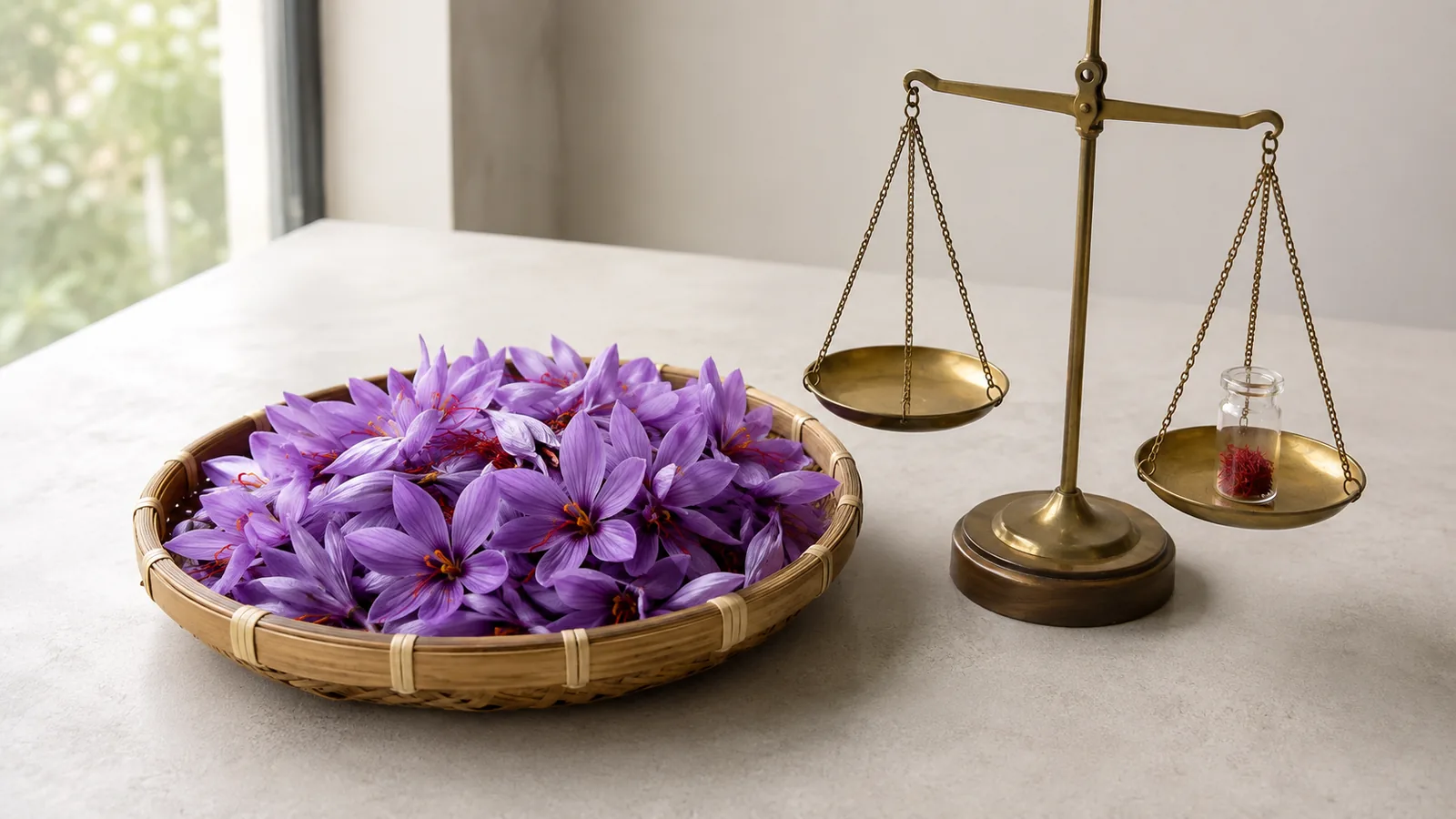 Many saffron crocus flowers beside a small vial of dried saffron threads on a balance scale
