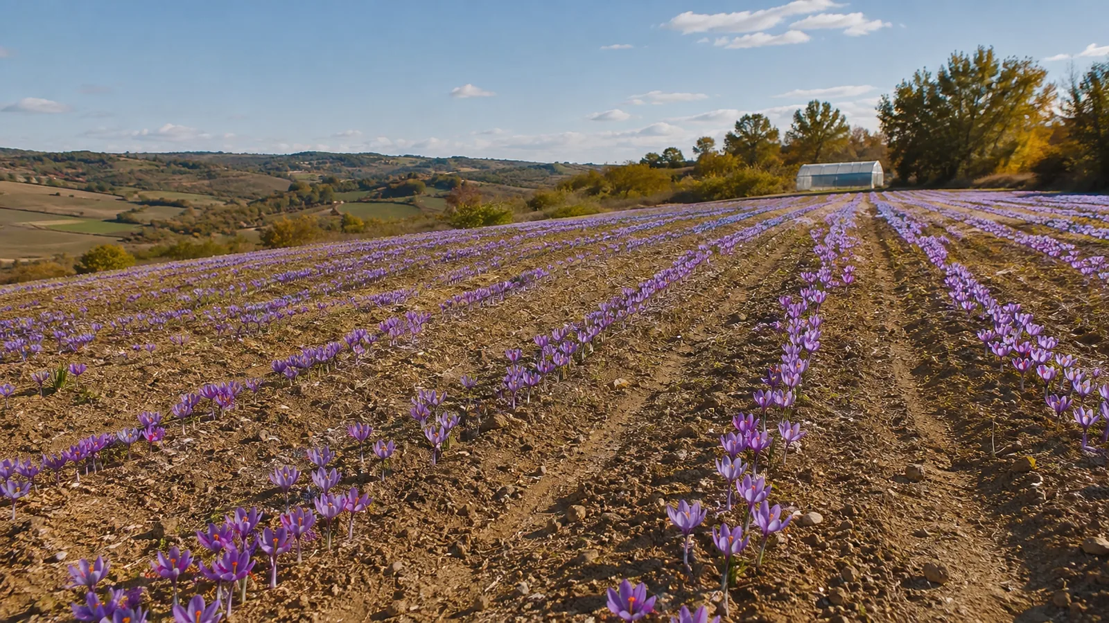 Rows of saffron crocus on a sunny well-drained slope near a simple high tunnel