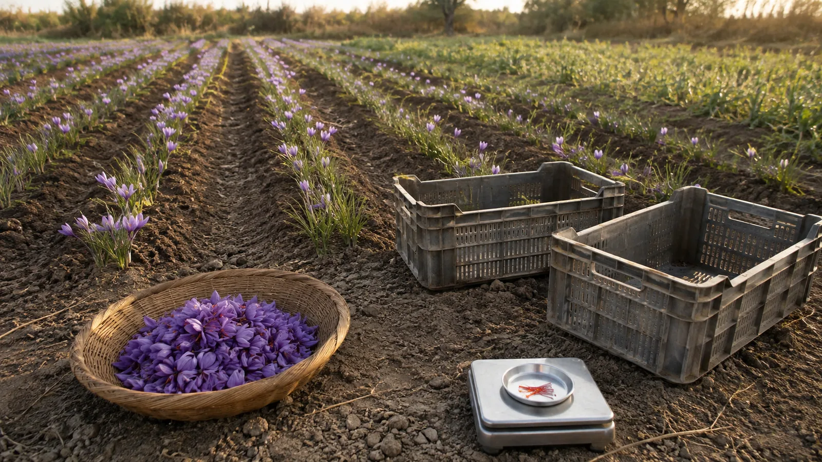 A small saffron trial plot with harvest crates, a tiny saffron sample and scale ready for field records