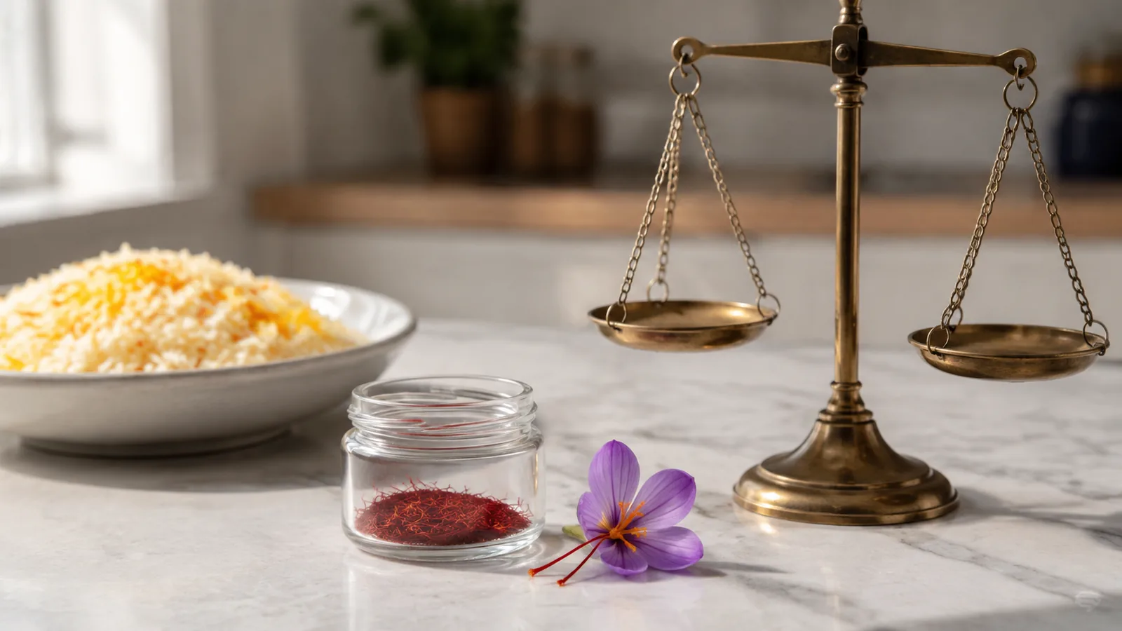 A small jar of saffron beside a crocus flower, balance scale and saffron rice