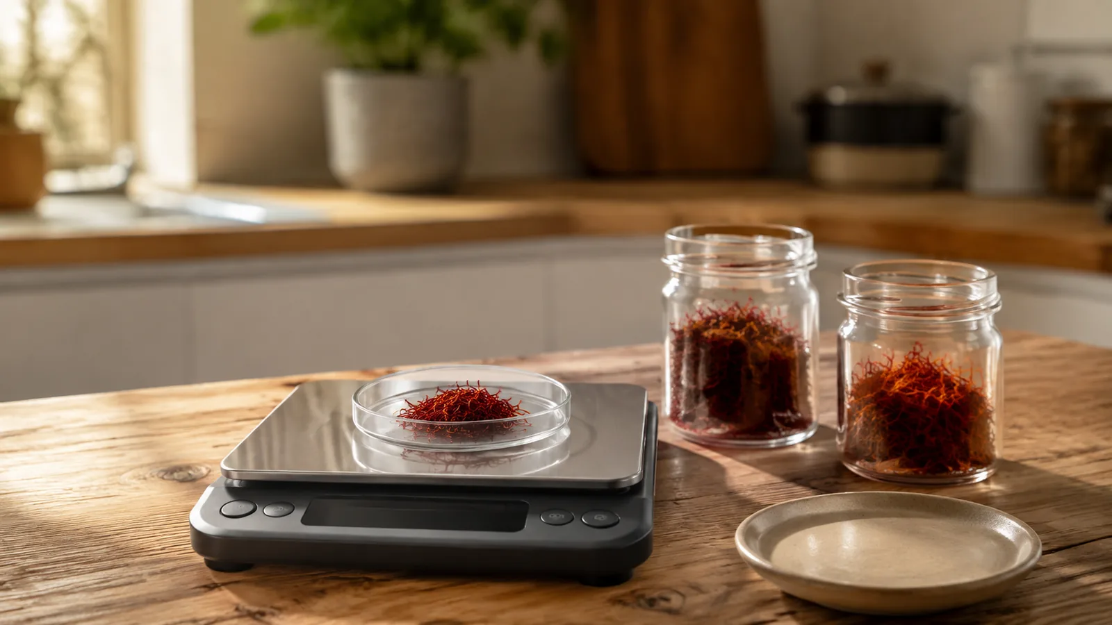 One gram of saffron measured on a kitchen scale