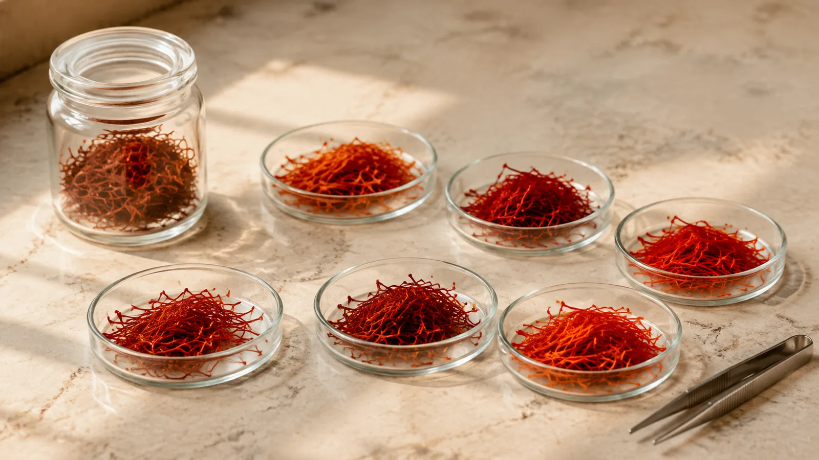 Saffron thread samples compared in glass dishes