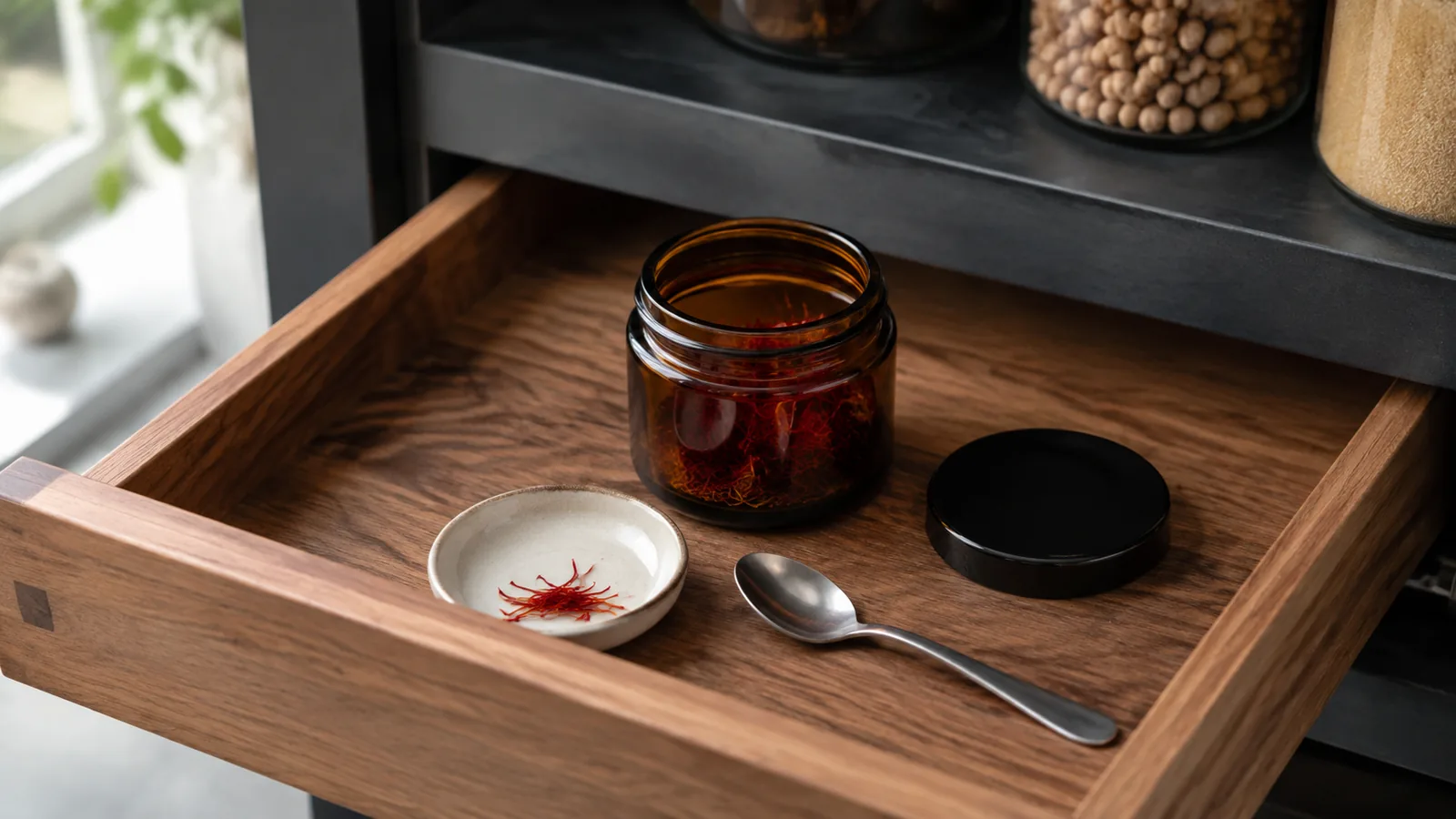 Saffron stored in an airtight amber jar in a pantry drawer