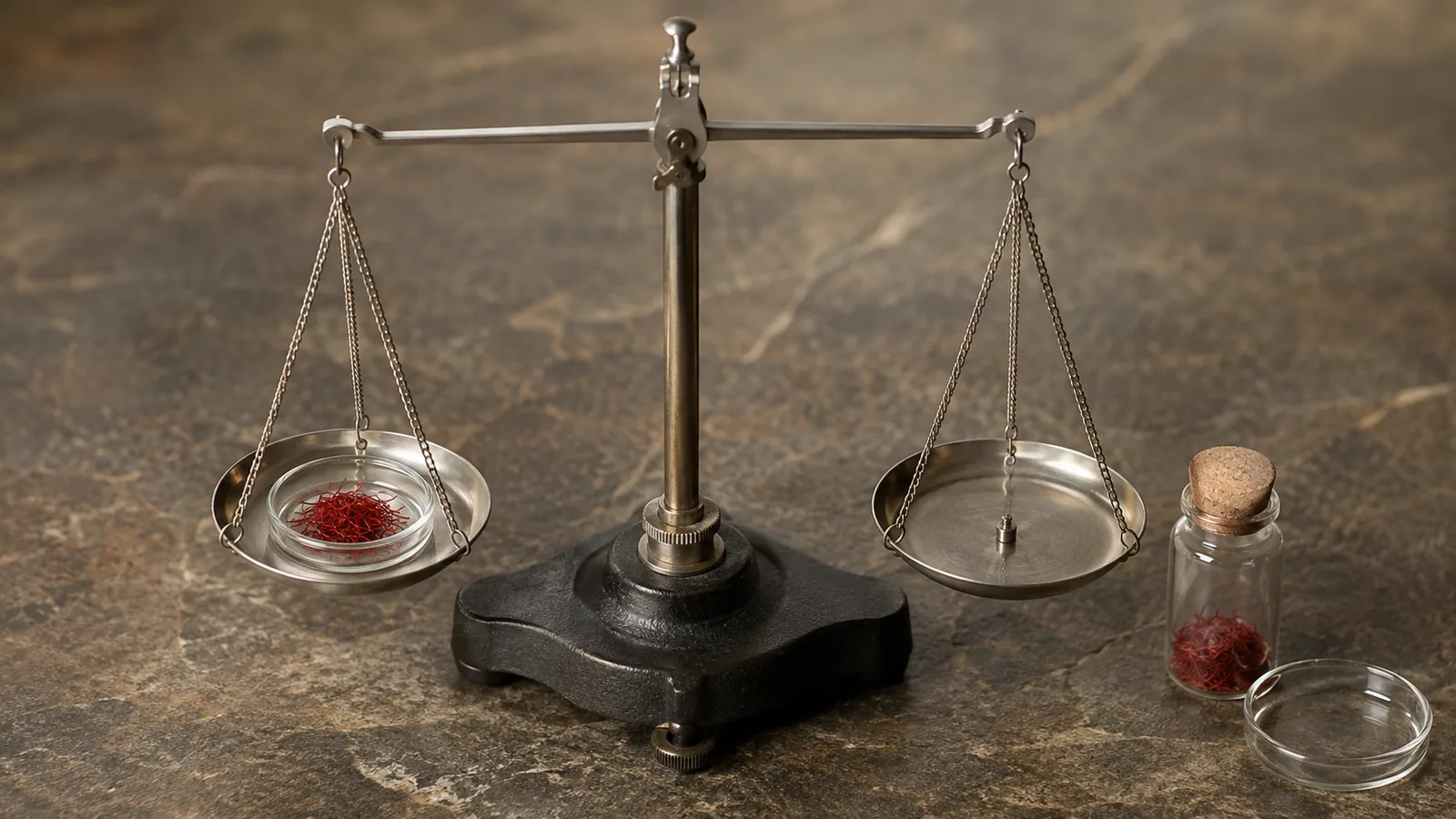 Saffron threads and a small calibration weight on a balance