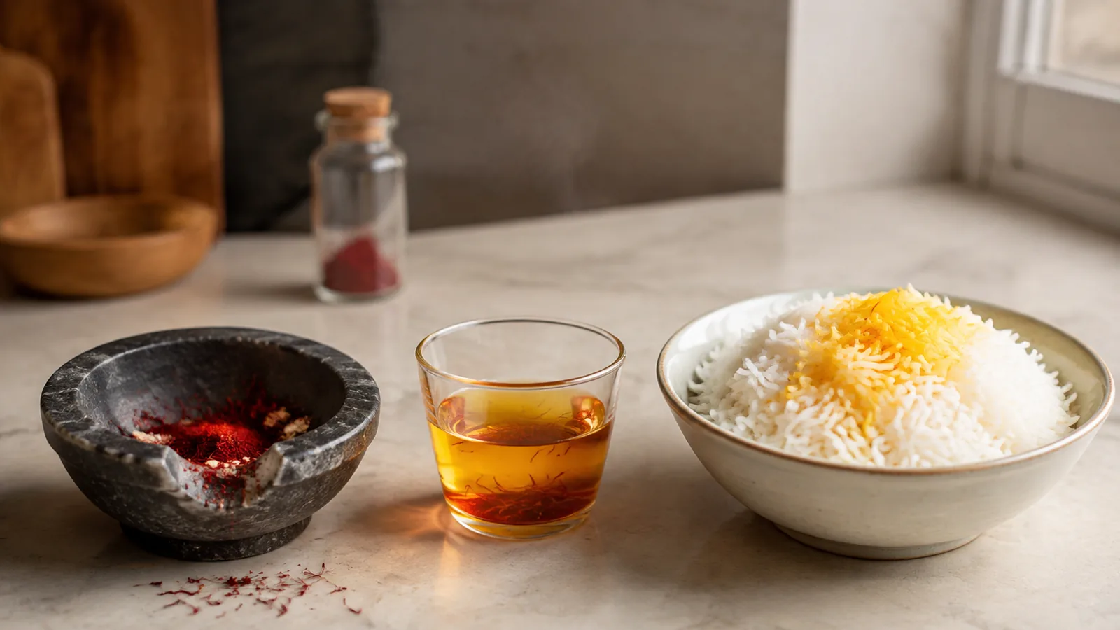 Crushed saffron, golden infusion and saffron rice
