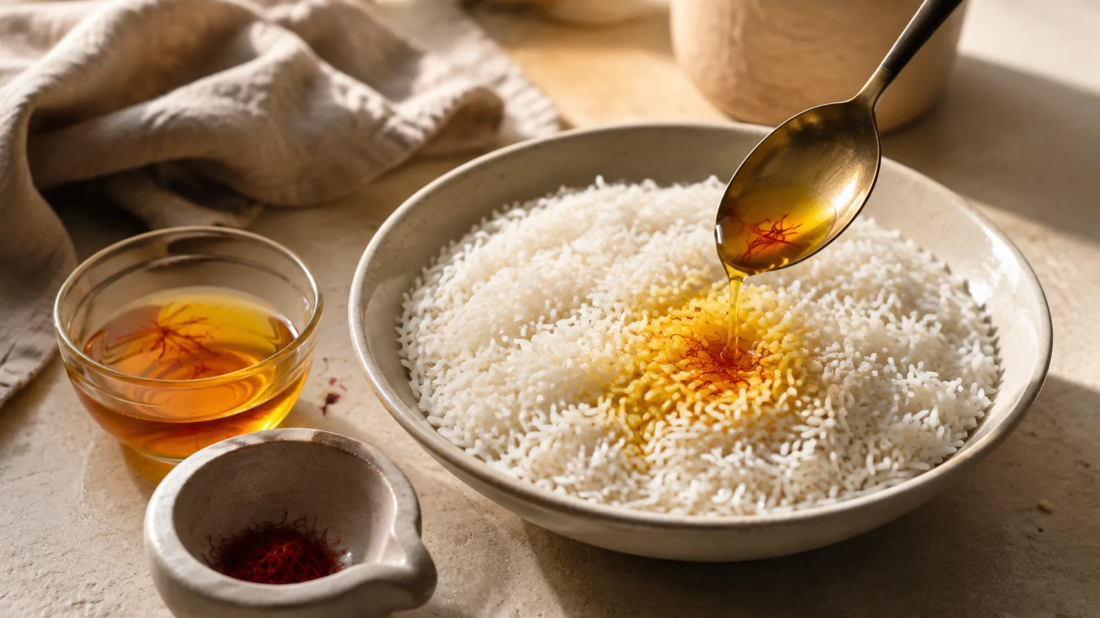 Golden saffron infusion being added to basmati rice