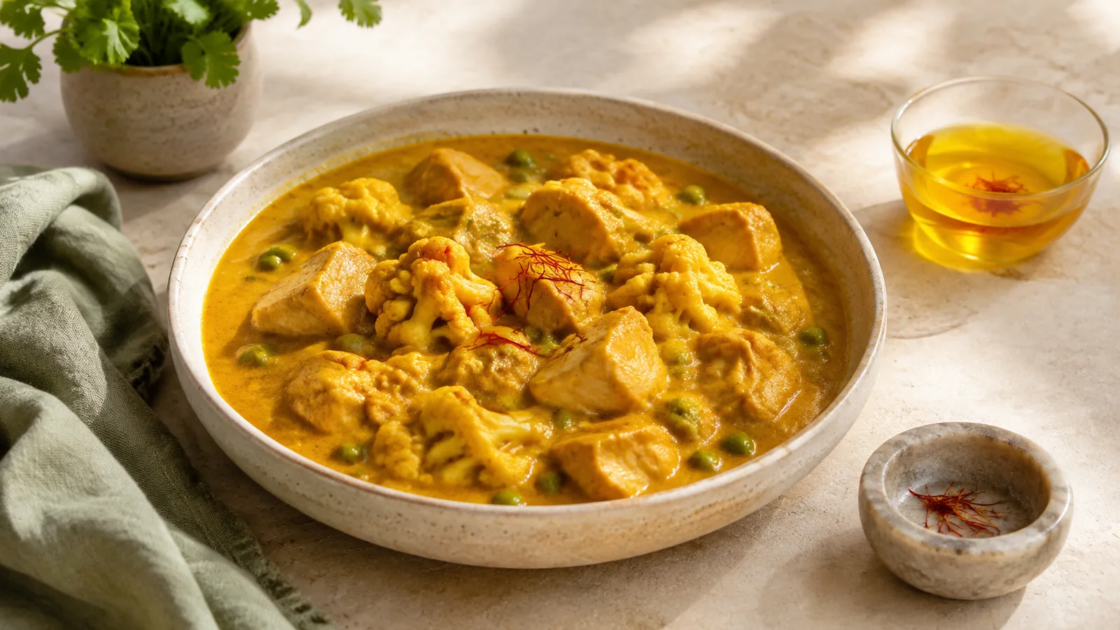 Golden saffron chicken and vegetable curry