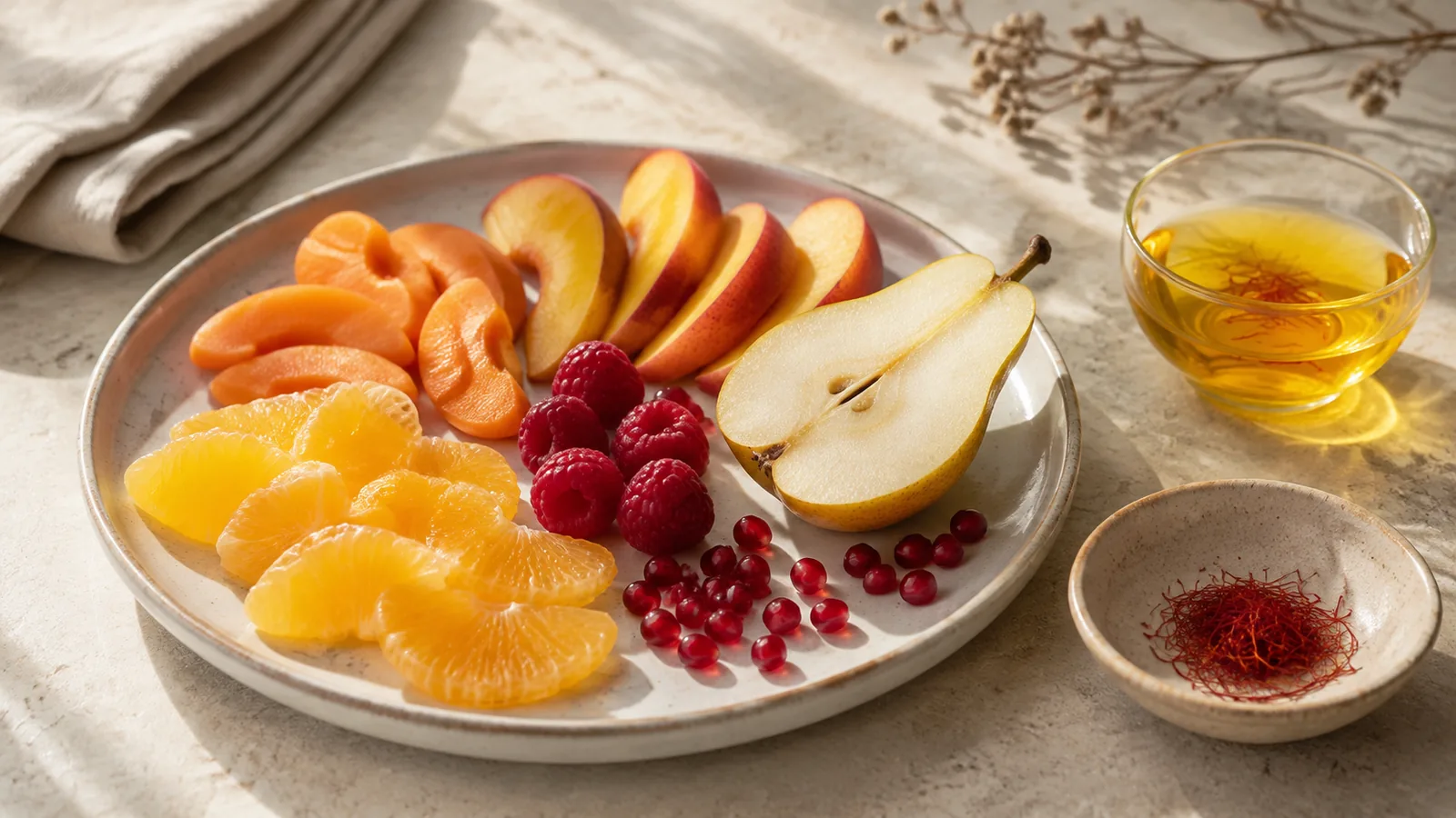 Orange, apricot, peach, pear, raspberry and pomegranate with saffron