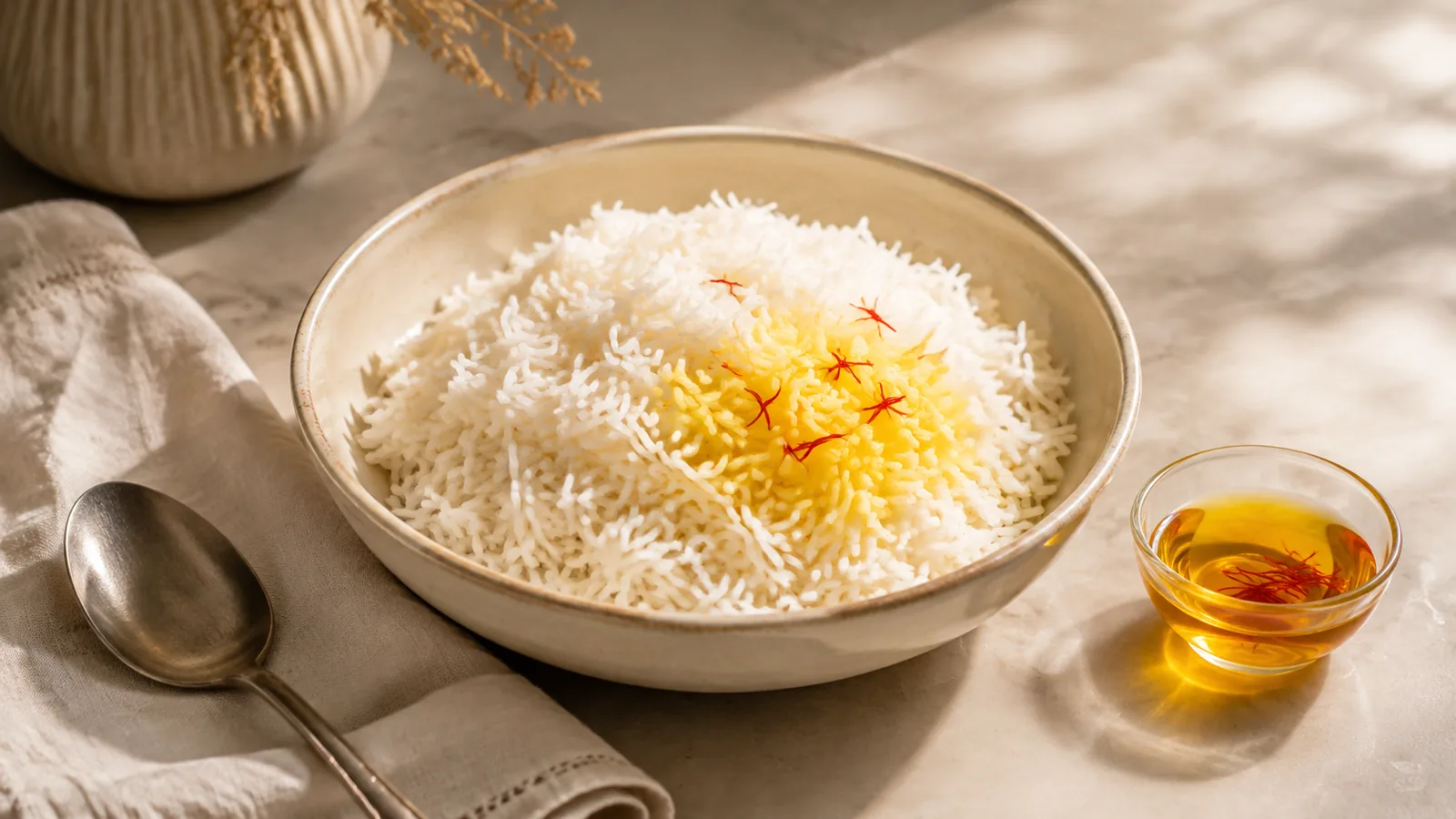 A light saffron-thread garnish on golden and white basmati rice