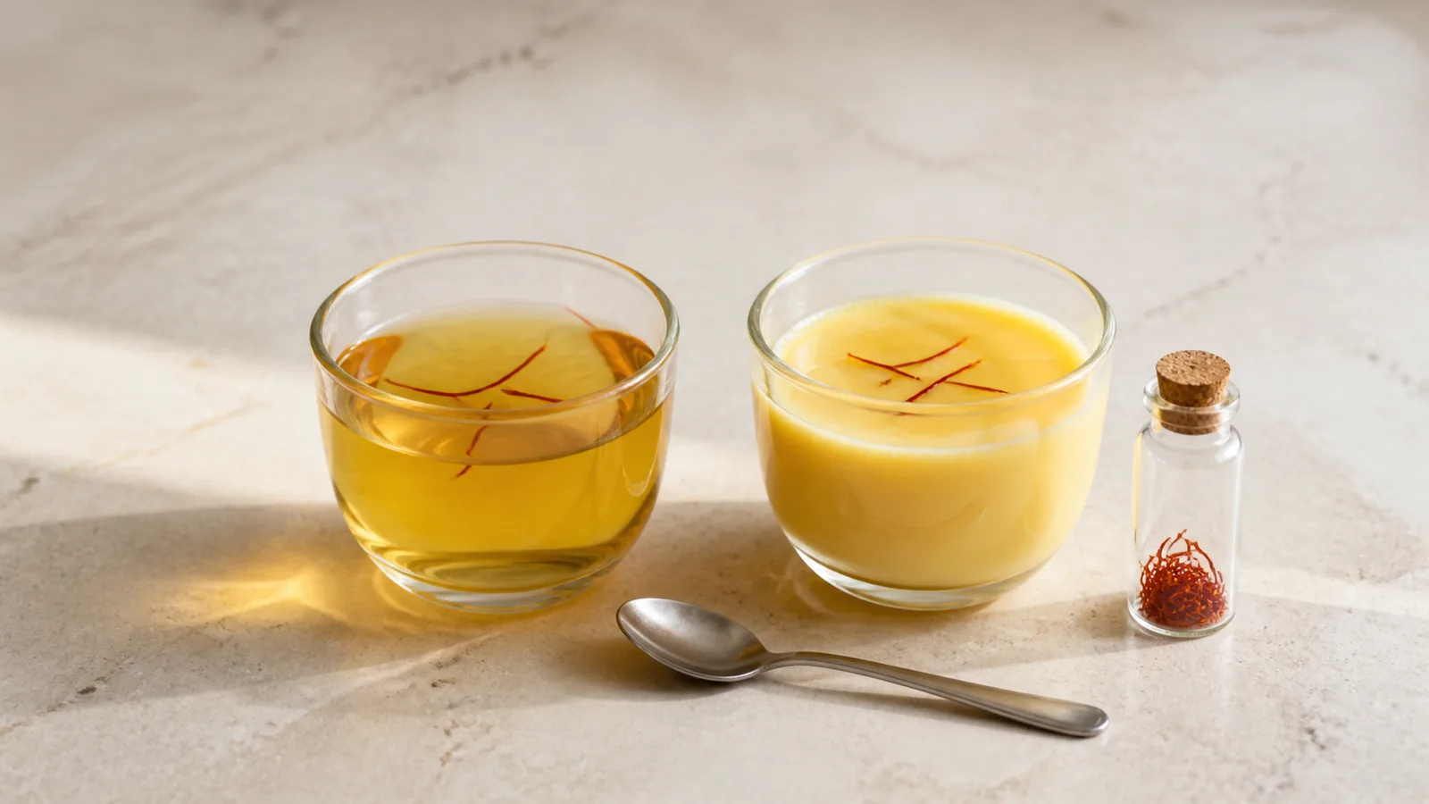 Side-by-side saffron infusions in warm water and milk