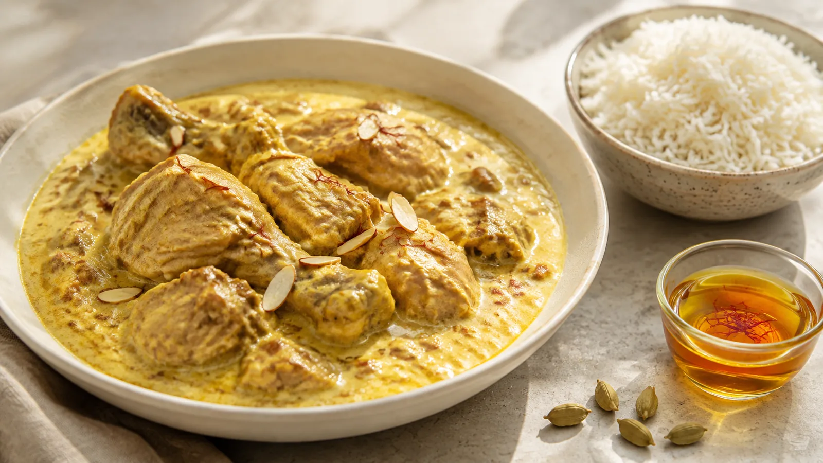 Mild saffron chicken qorma with basmati rice and saffron infusion