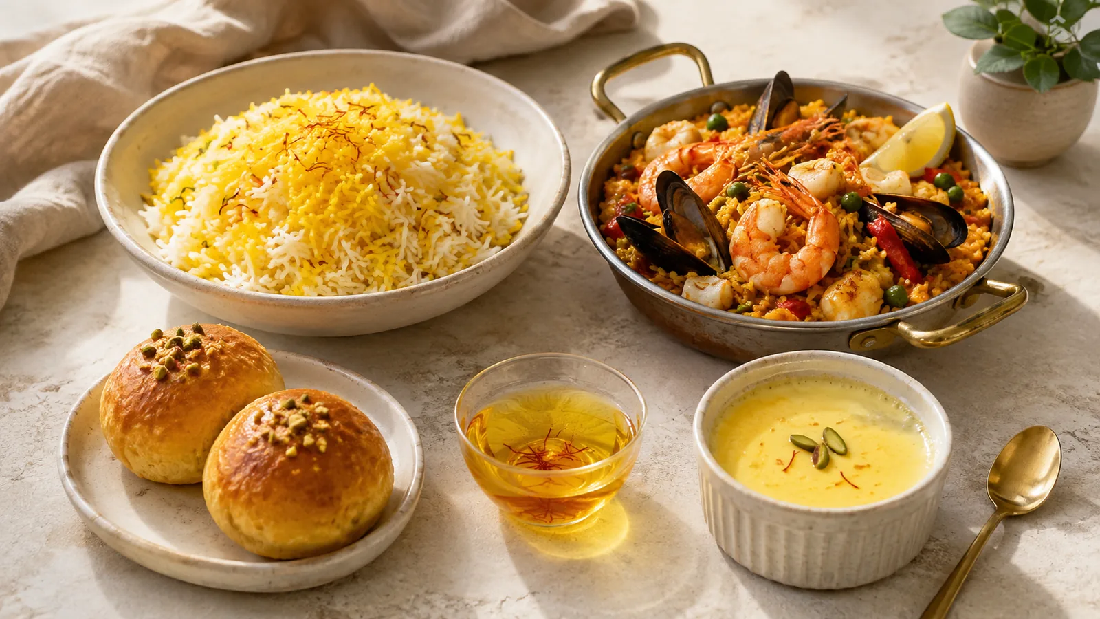 Saffron rice, seafood rice, saffron buns and custard