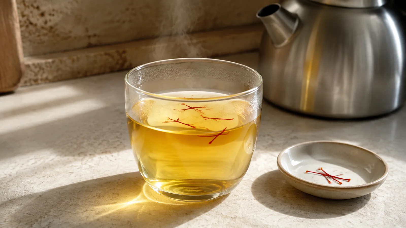 Saffron threads steeping in freshly boiled water beside a kettle