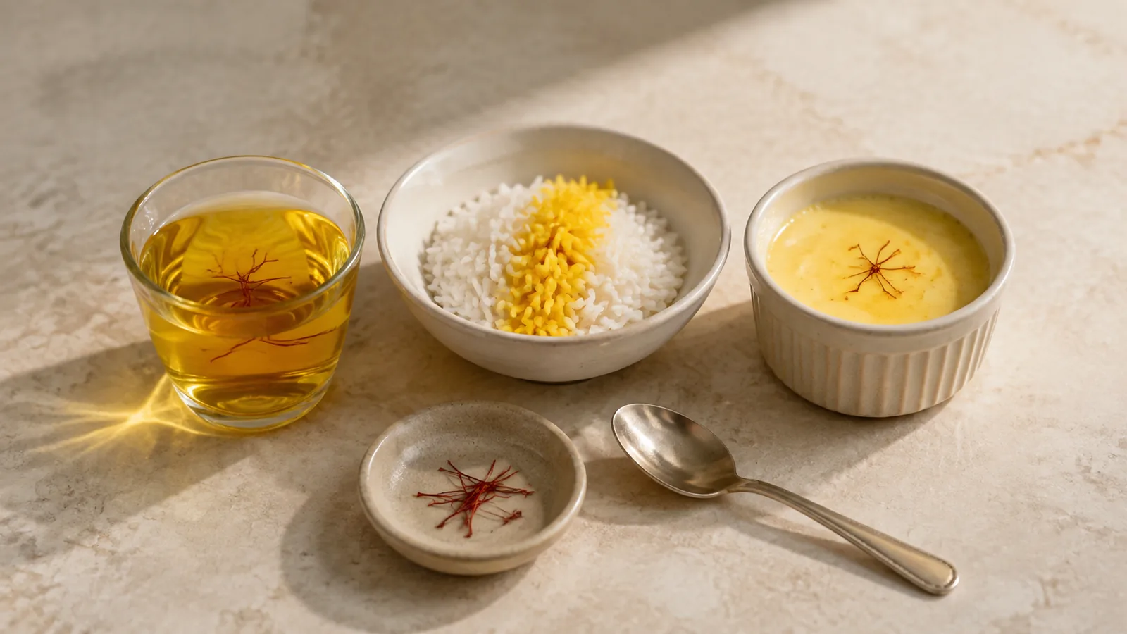 Saffron tasting setup with infusion, rice and custard
