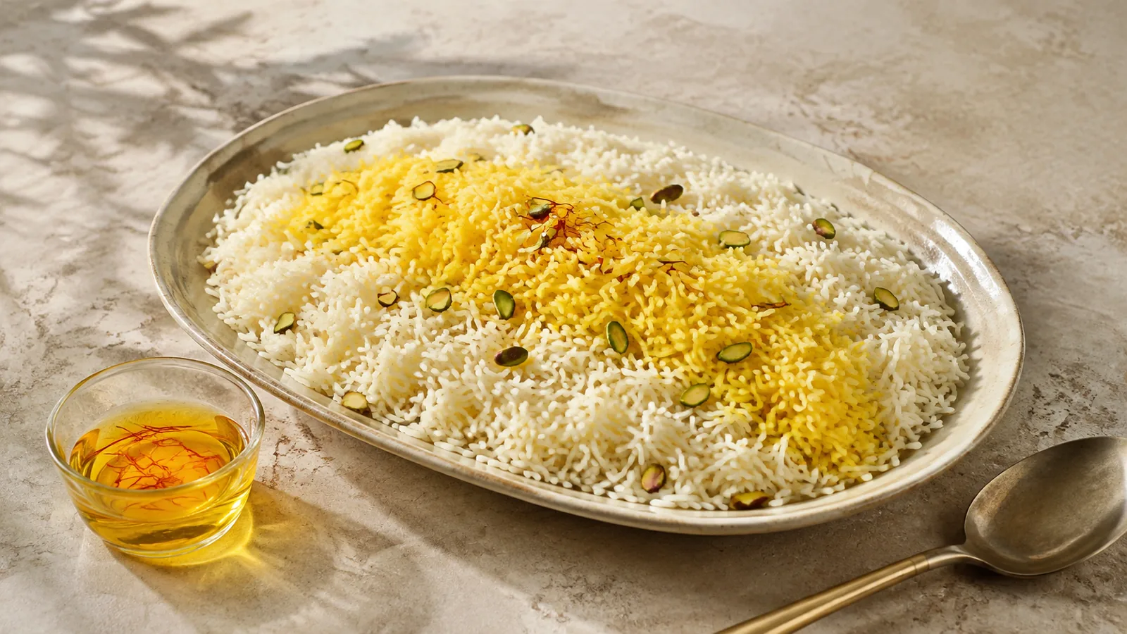 White and golden saffron rice with pistachios and saffron infusion