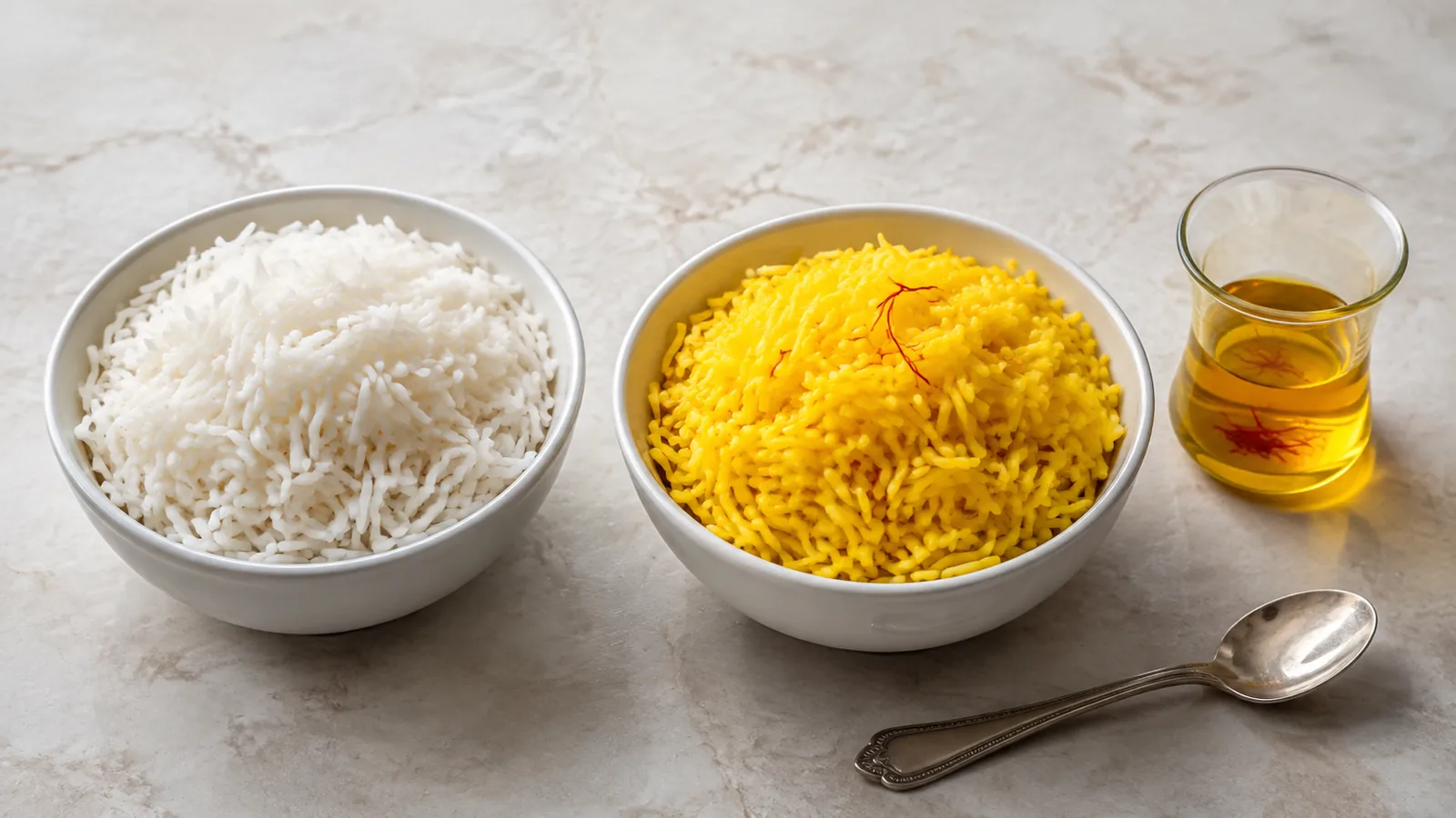Plain rice beside golden saffron rice and saffron infusion for a flavour comparison