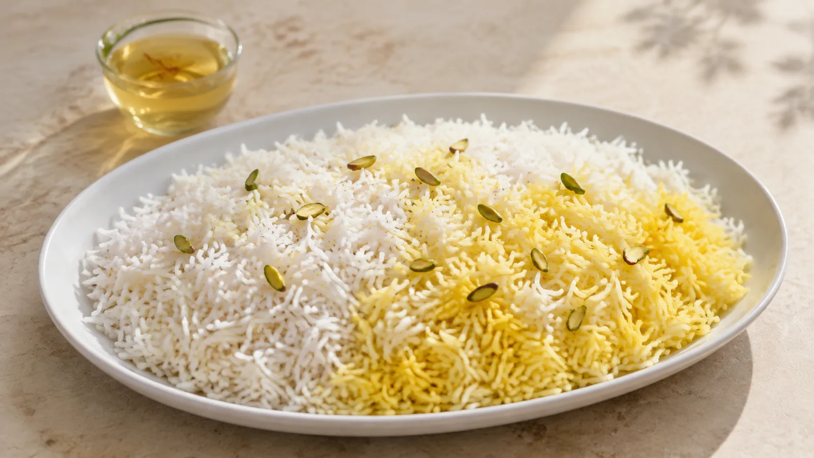 White basmati rice with a golden saffron-infused section and pistachios