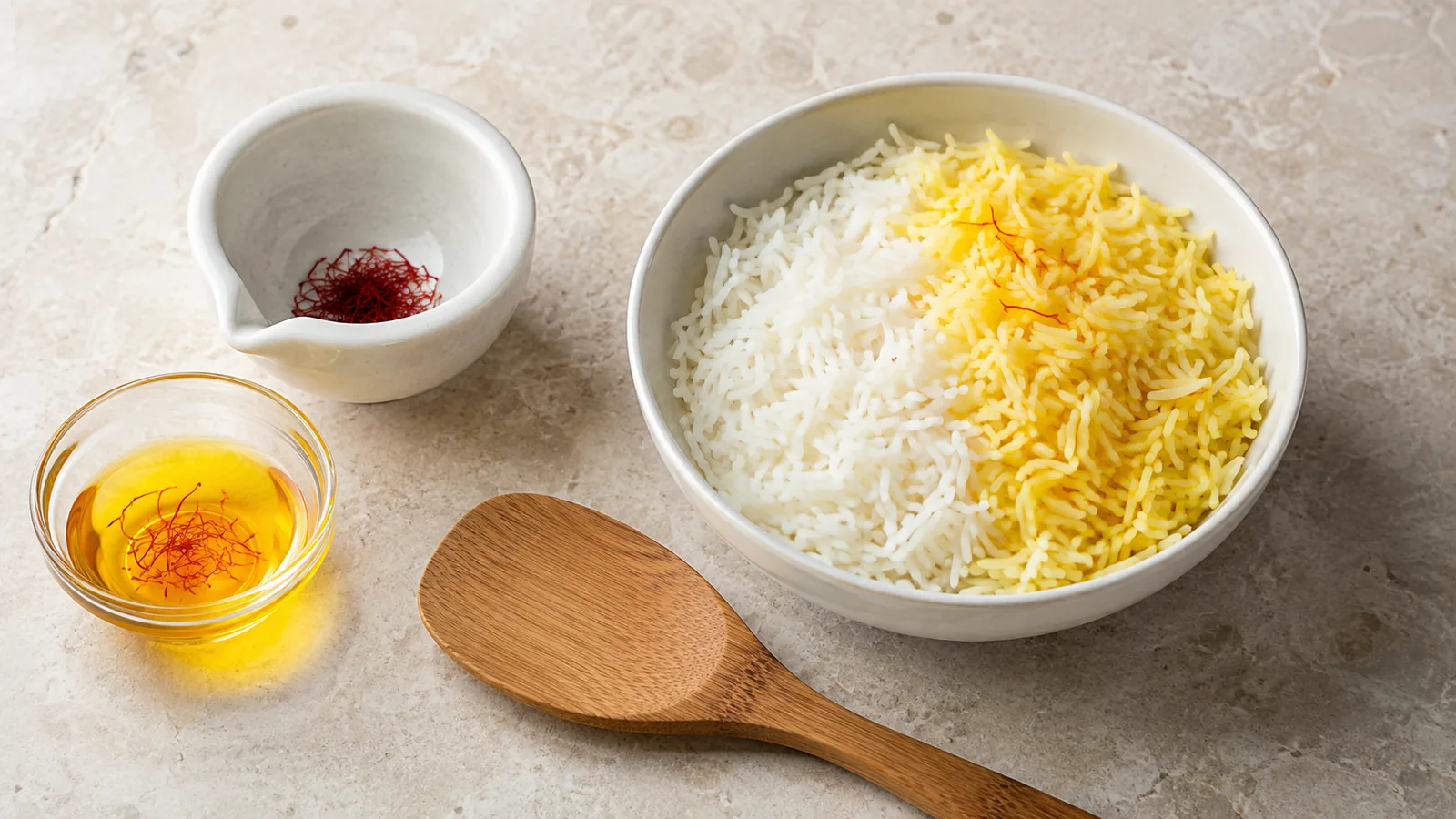 Saffron threads and infusion beside rice coloured white and gold
