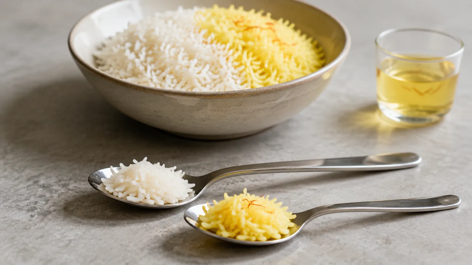 Tasting spoons comparing plain basmati rice with golden saffron rice