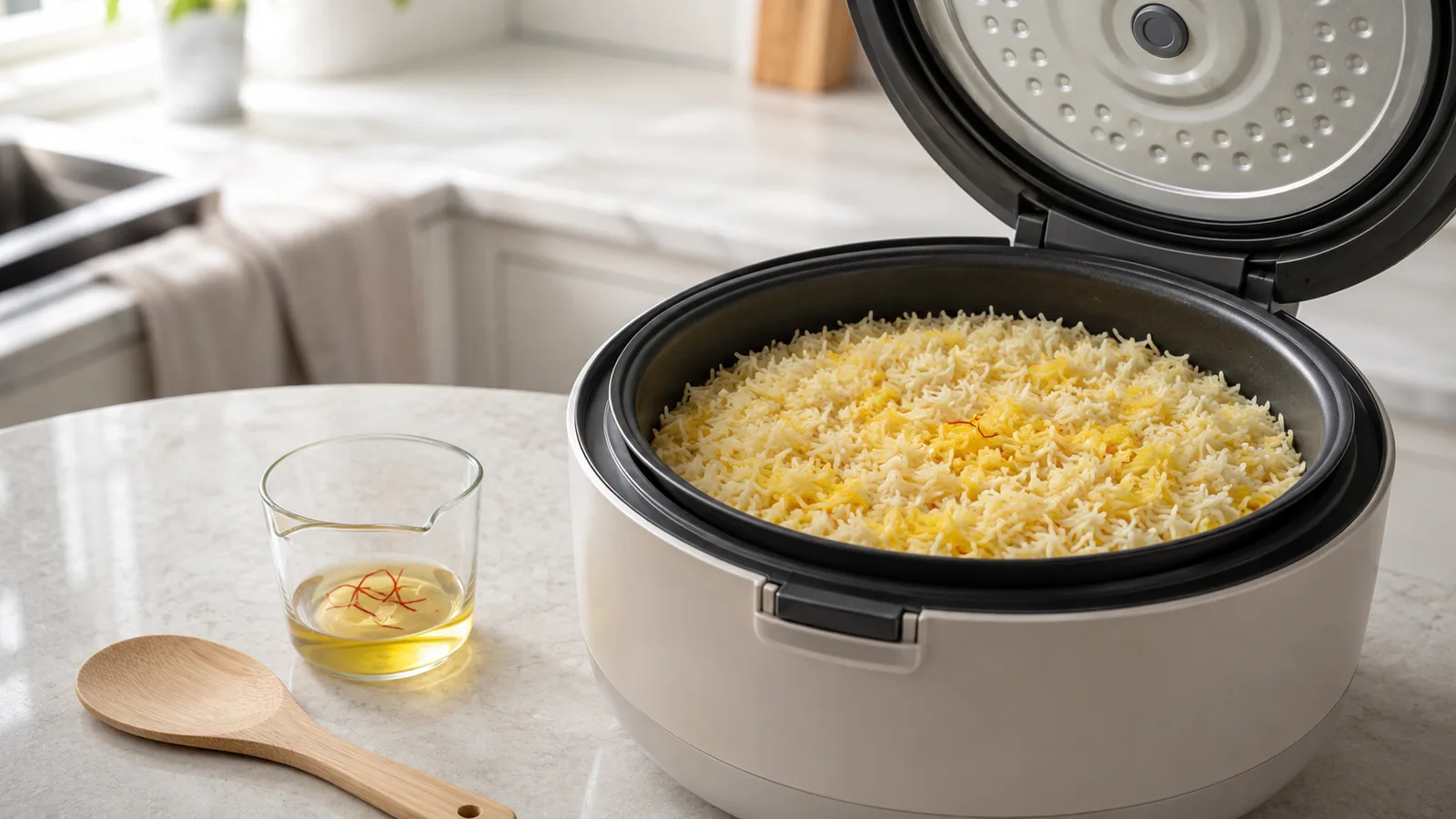 Open rice cooker with golden saffron rice and measured saffron infusion