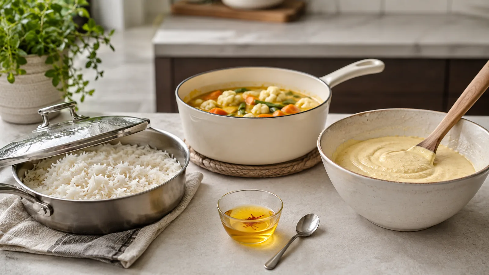 Saffron infusion ready beside rice, vegetable stew and cake batter