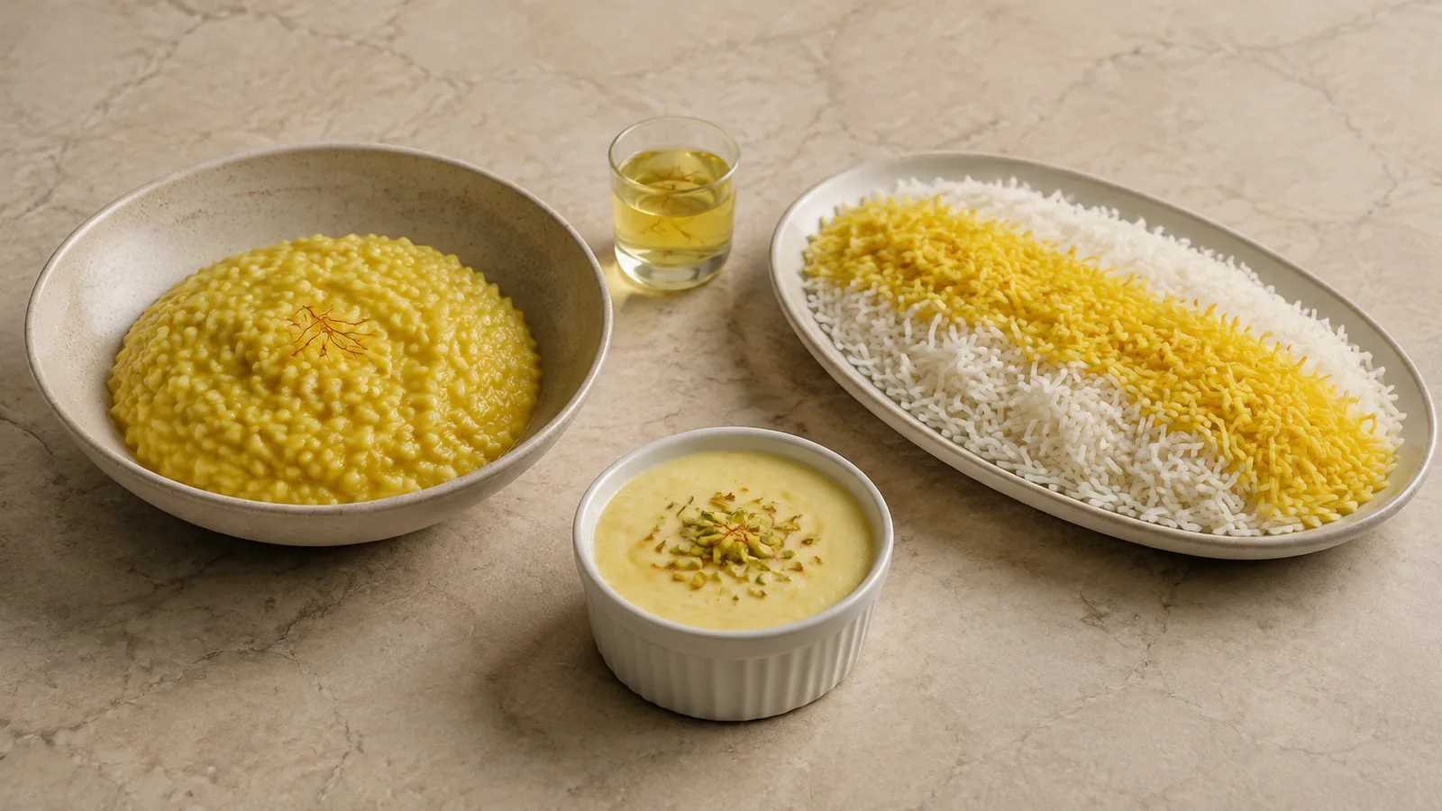 Saffron risotto, white and golden rice, and saffron custard