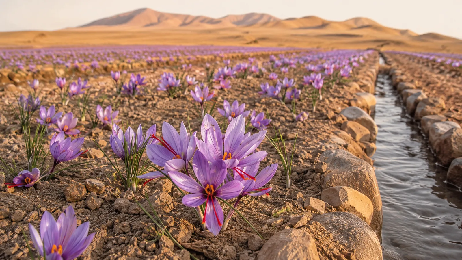 Saffron crocus field beside an irrigation channel in Iran