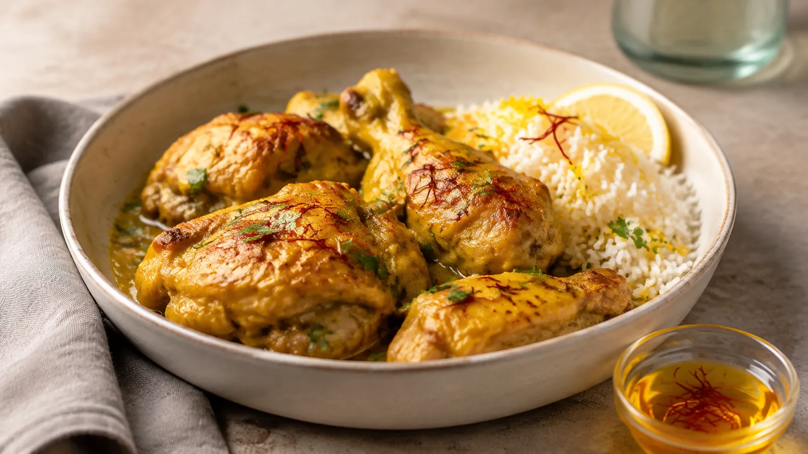 Roasted saffron chicken with rice and a small bowl of saffron infusion